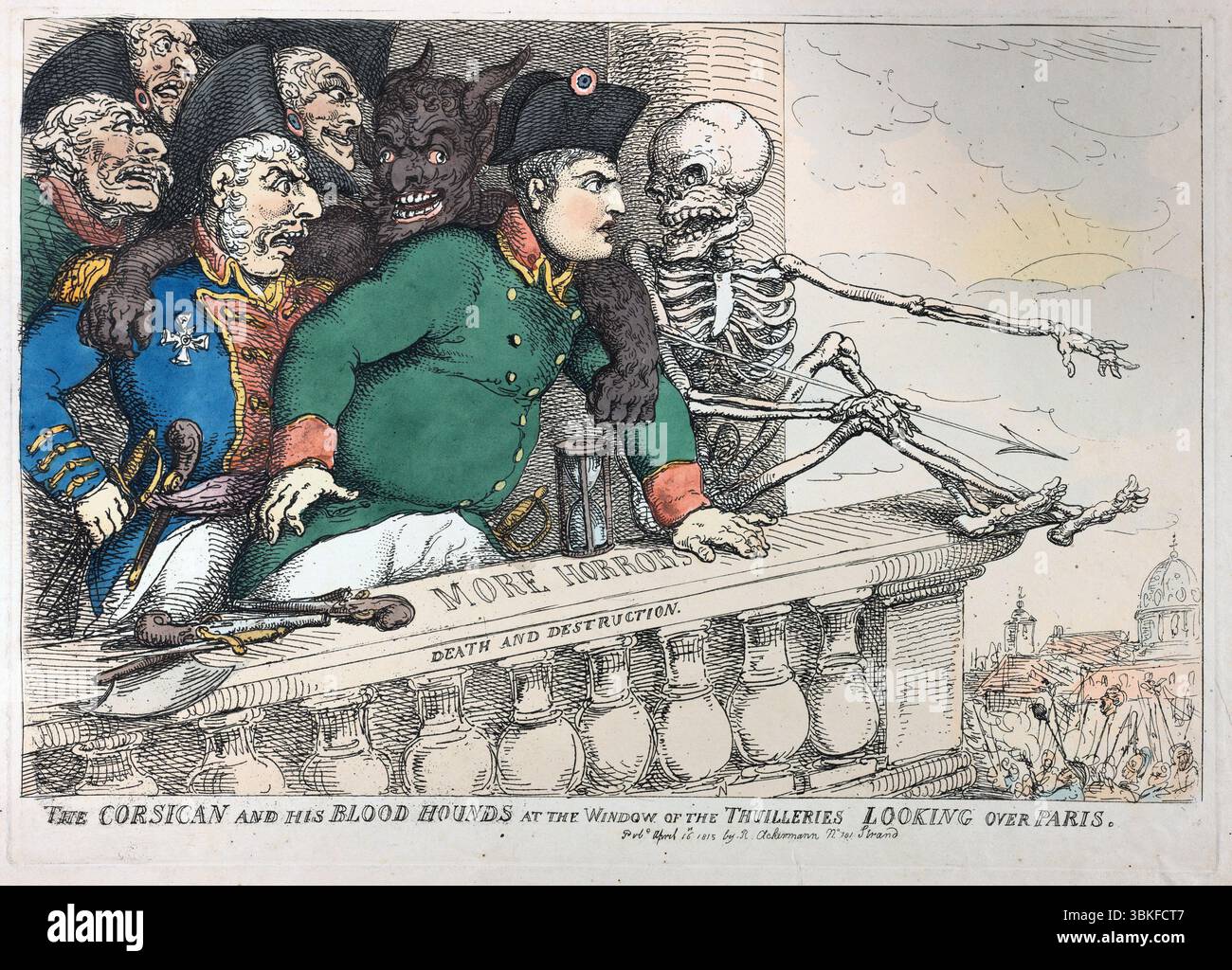 Ein lustiger Druck des Korsen und seiner Bluthunde am Fenster von Thuilleries Blick über Paris 16. April 1815 Handfarbätzung auf Papier Vintage von Thomas Rowlandson veröffentlicht von Rudolph Ackermann Antiquitätendruckkunstwerk Thema Napoleon Bonaparte Stockfoto