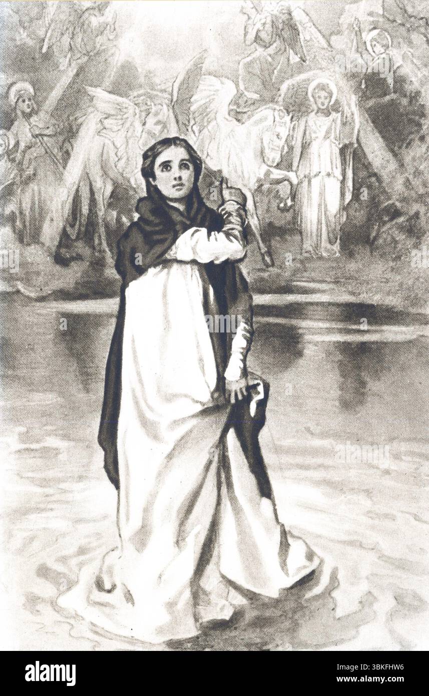 Christiana überquert den Fluss des Todes, aus einer Ausgabe von John Bunyans Buch The Pilgrim's Progress aus dem Jahr 1936 Stockfoto