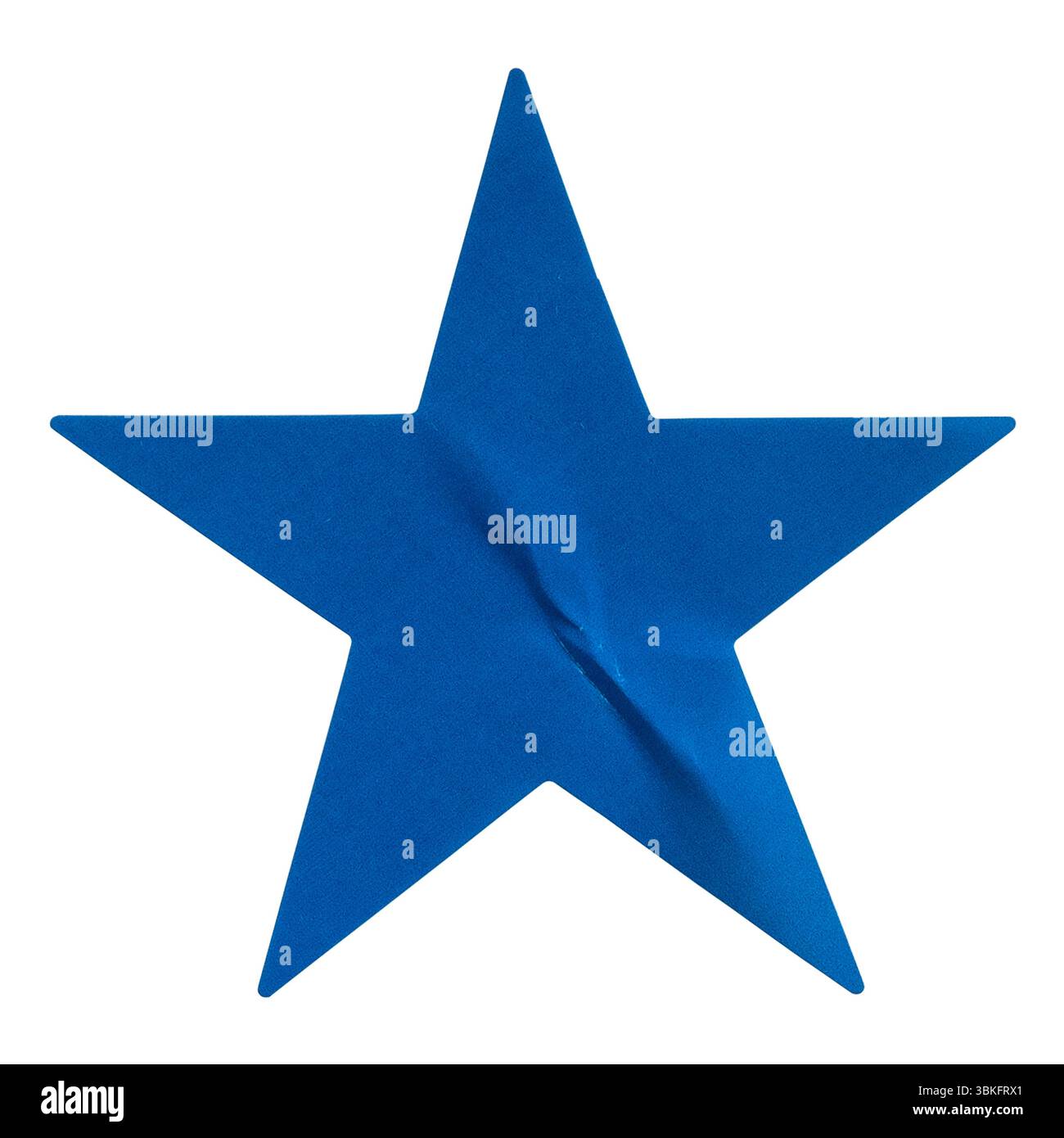 Blauer sternförmiger Aufkleber isoliert auf weißem Hintergrund. Stockfoto