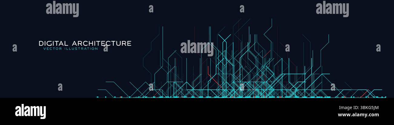 Digitale Datennetzwerkarchitektur Mit Leuchtenden Linien Und Abstrakten Schaltungsmustern Auf Dunklem Hintergrund. Futuristisches Grid-System Und High-Tech Stock Vektor