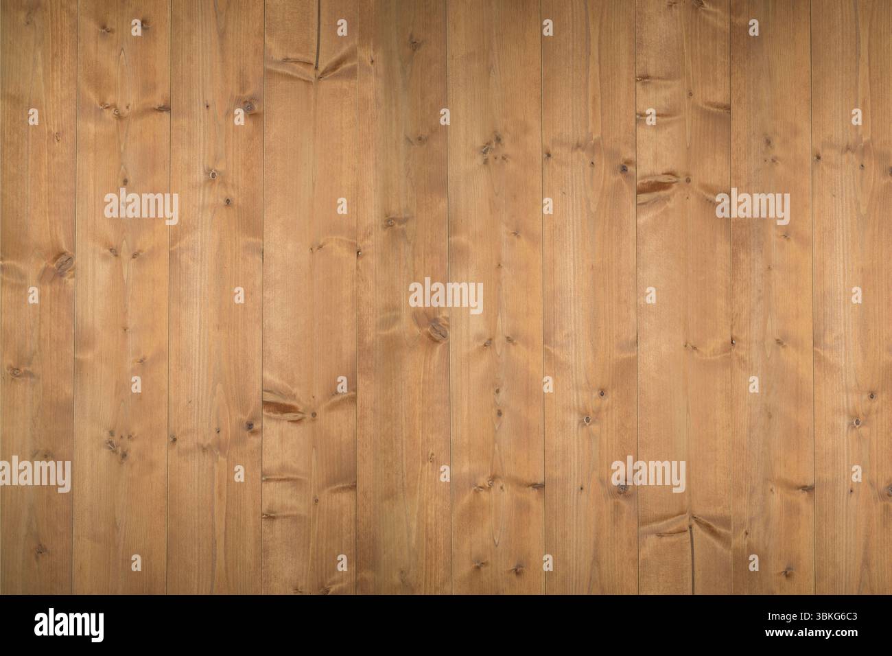 Mit flachen, vertikalen Holzpaneelen, die natürliche Körnung und Knoten in warmen Tönen freigeben Stockfoto