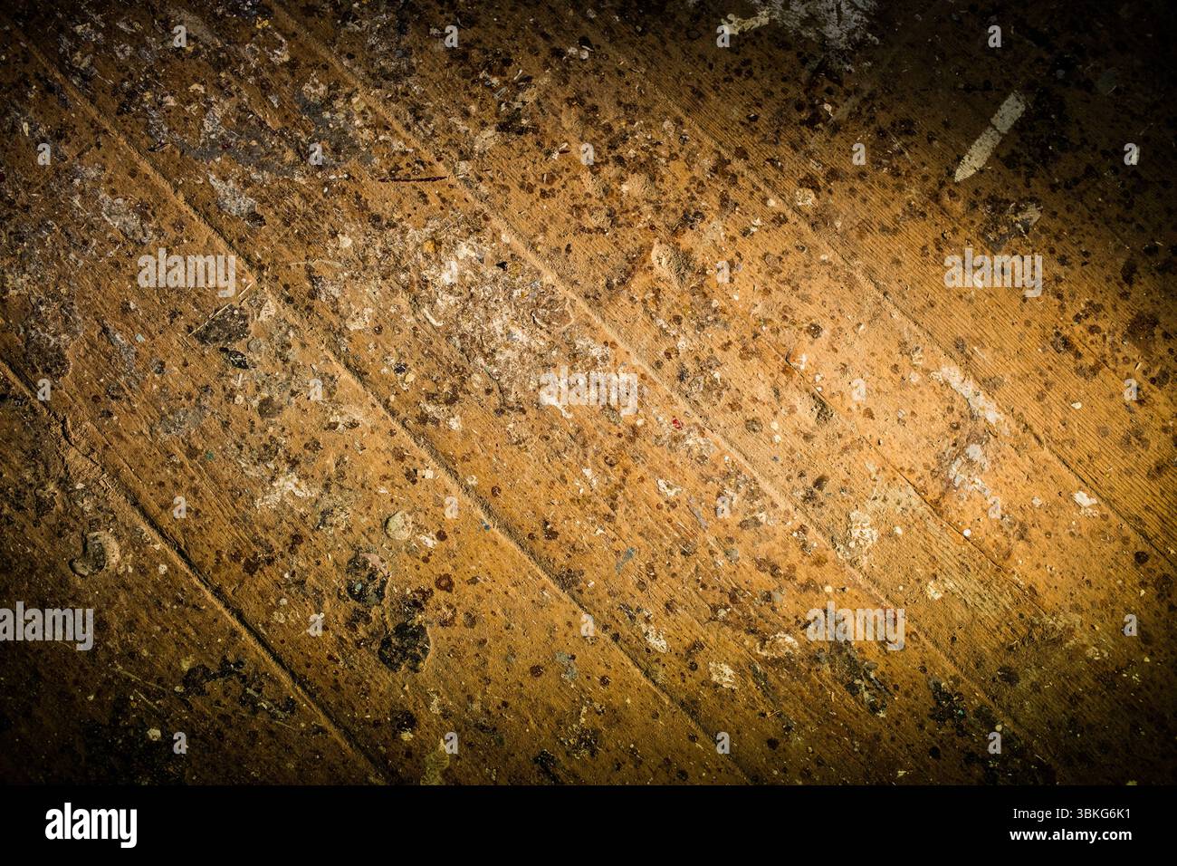 Alte Holzdielen werden in flacher Ausführung mit Staub, Farbspritzern und kleinen Steinen gezeigt Stockfoto Alte Holzdielen werden in flacher Ausführung mit Staub, Farbspritzern und kleinen Steinen gezeigt Stockfoto