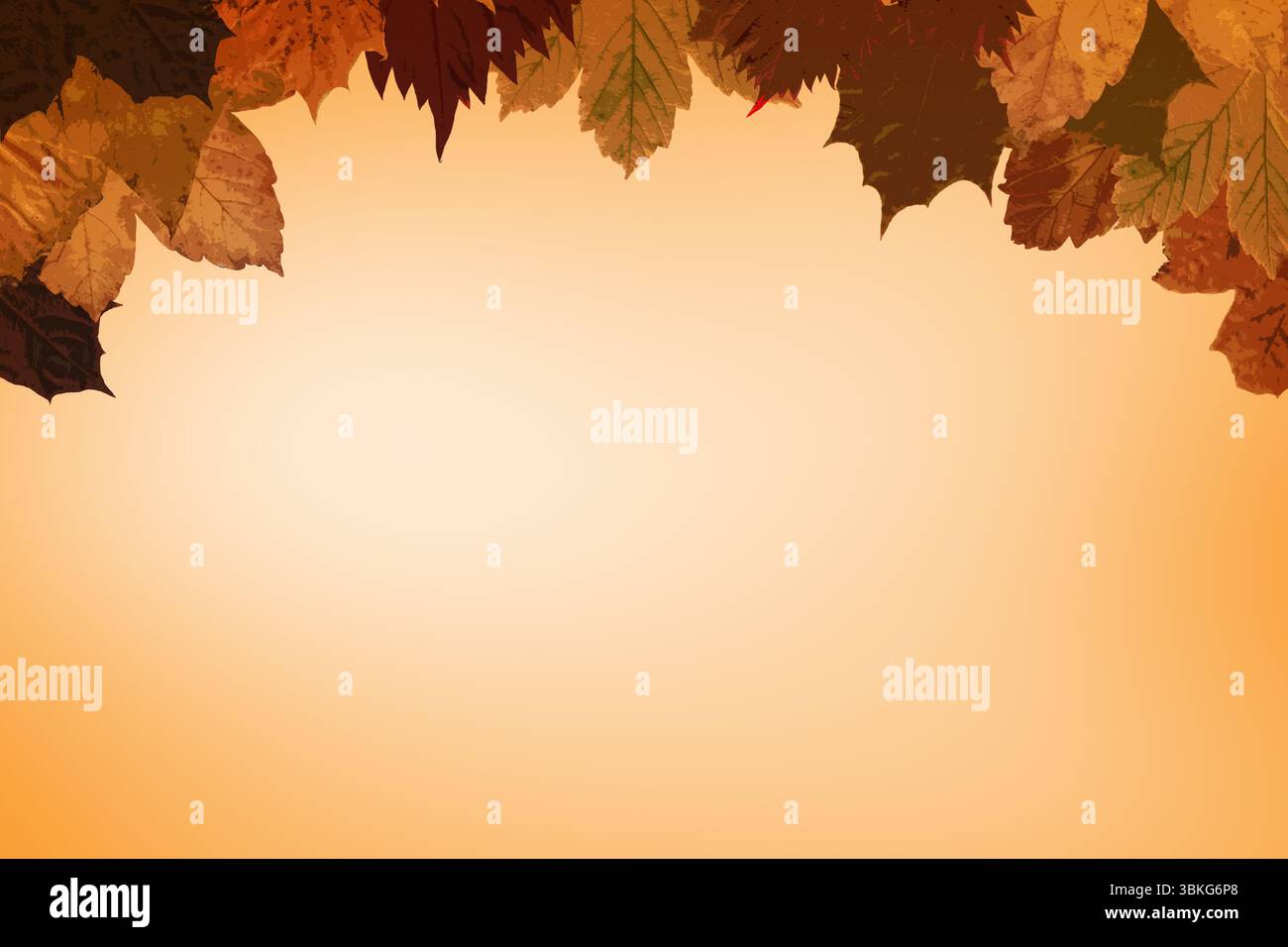 Herbstblätter bilden einen oberen Rand in flachem Design mit warmem Farbverlauf Stockfoto Herbstblätter bilden einen oberen Rand in flachem Design mit warmem Farbverlauf Stockfoto