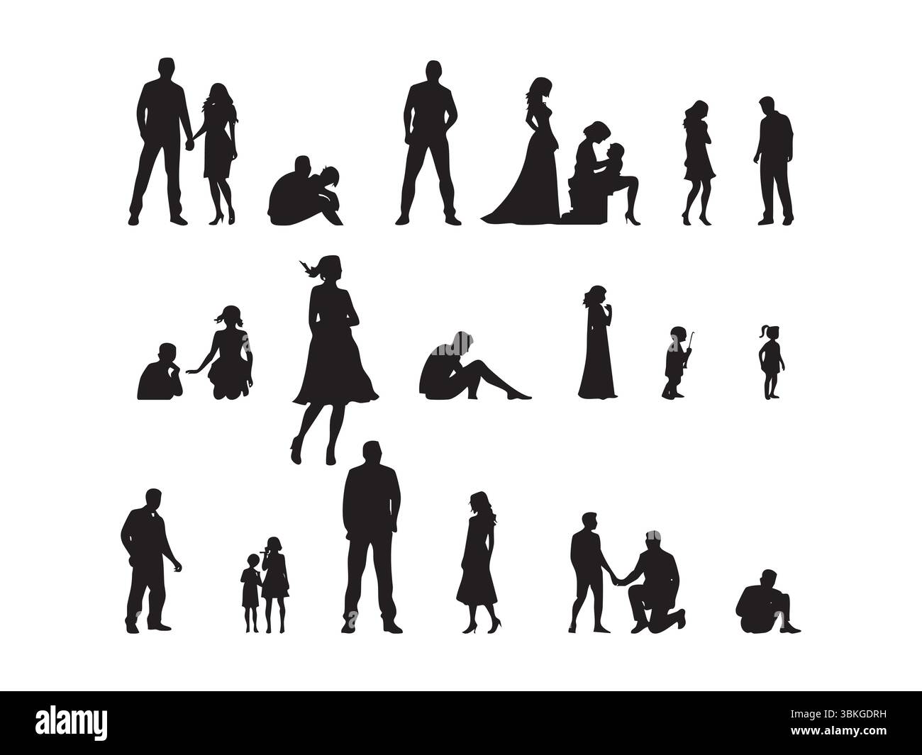 Vielseitige Vektorkollektion mit Silhouetten für Menschen und Familien bei alltäglichen Aktivitäten. Perfekt für Lebensstil, Gemeinschaft, Erziehung und menschliche Verbindung Stock Vektor