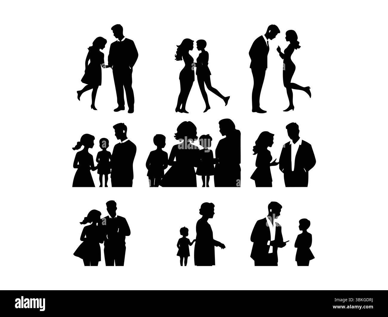 Vielseitige Vektorkollektion mit Silhouetten für Menschen und Familien bei alltäglichen Aktivitäten. Perfekt für Lebensstil, Gemeinschaft, Erziehung und menschliche Verbindung Stock Vektor