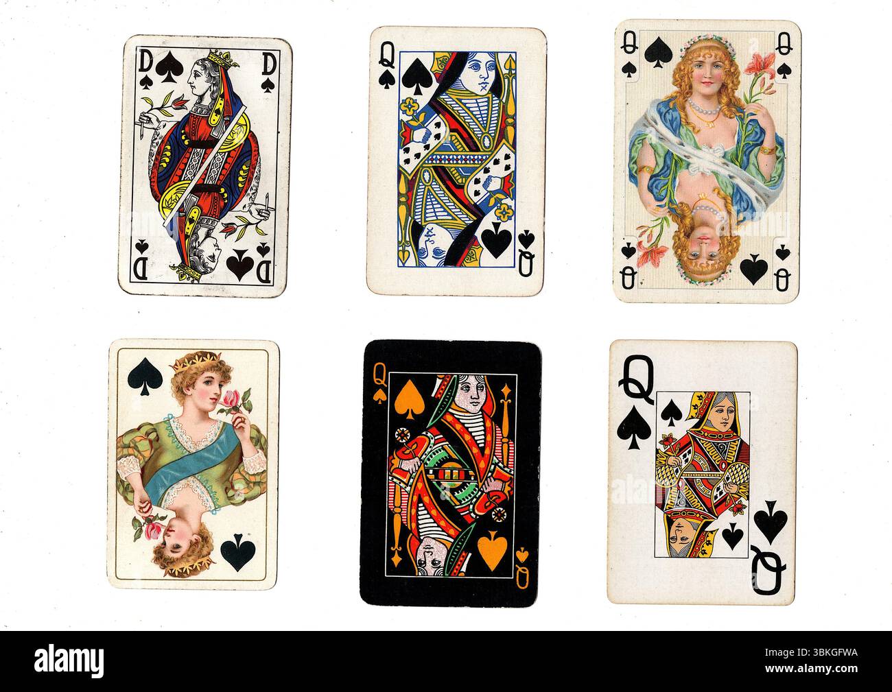 Eine Vintage-Spielkarte in verschiedenen Designs, isoliert auf weißem Hintergrund. Stockfoto