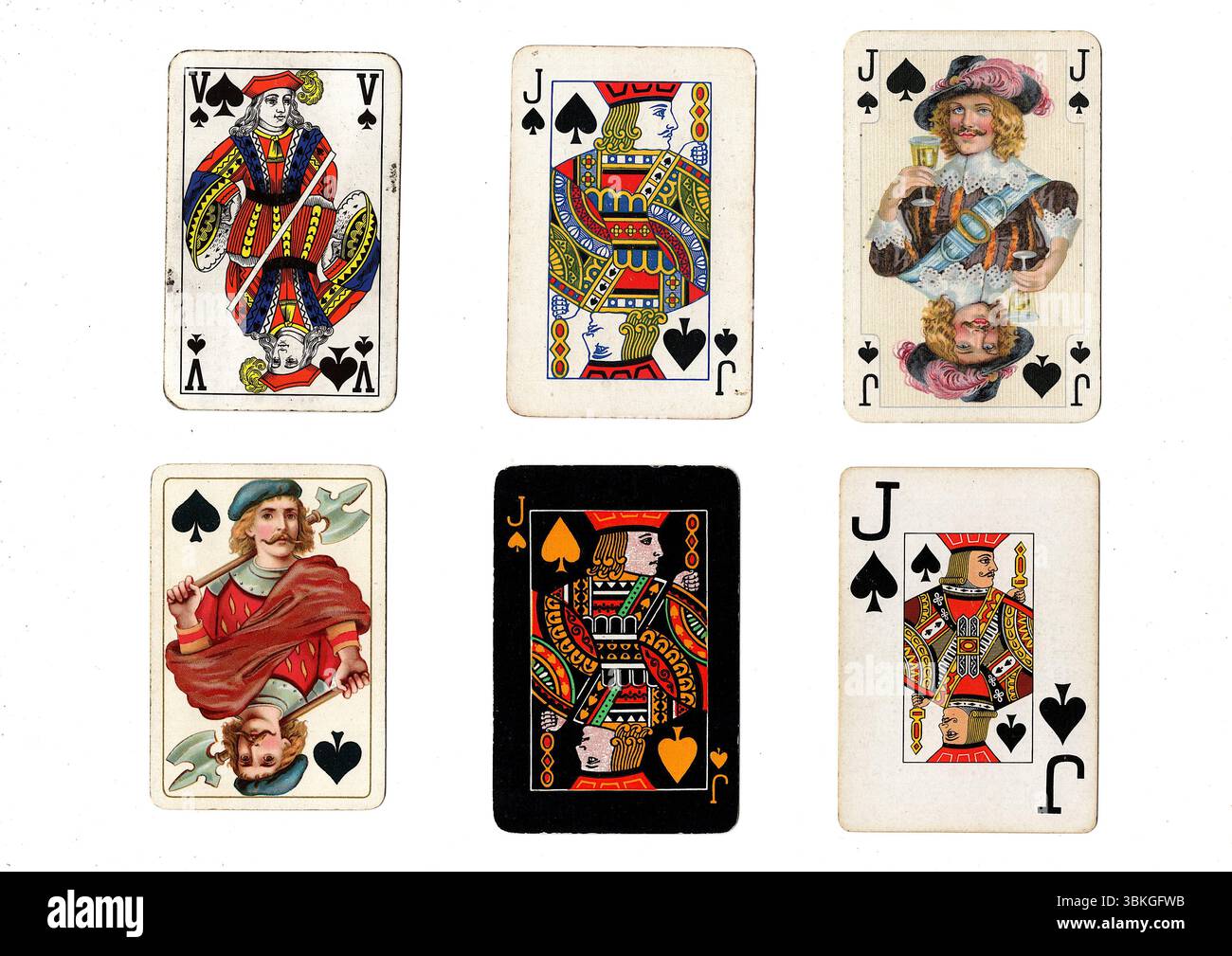 Eine Vintage-Spielkarte in verschiedenen Designs, isoliert auf weißem Hintergrund. Stockfoto