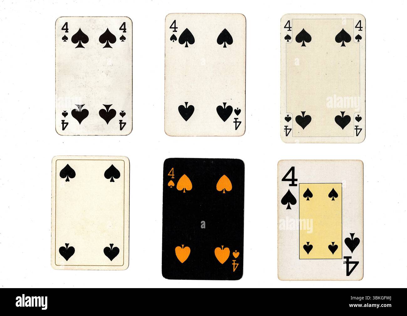 Eine Vintage-Spielkarte in verschiedenen Designs, isoliert auf weißem Hintergrund. Stockfoto