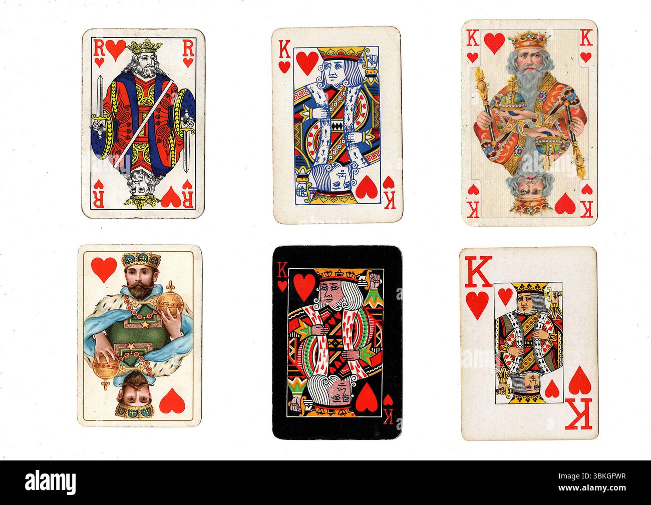 Eine Vintage-Spielkarte in verschiedenen Designs, isoliert auf weißem Hintergrund. Stockfoto