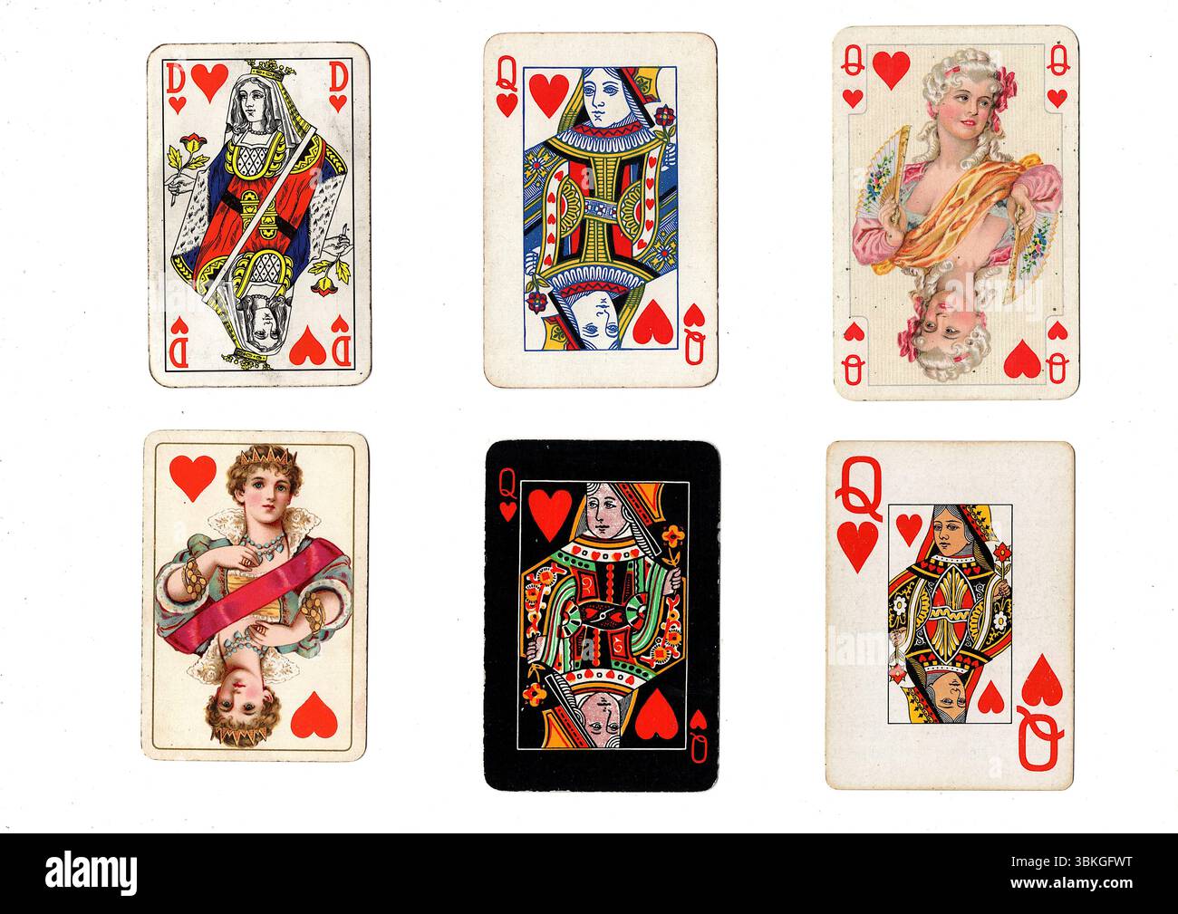 Eine Vintage-Spielkarte in verschiedenen Designs, isoliert auf weißem Hintergrund. Stockfoto