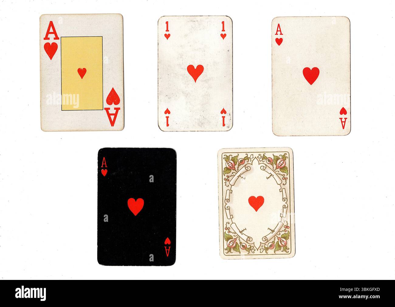 Eine Vintage-Spielkarte in verschiedenen Designs, isoliert auf weißem Hintergrund. Stockfoto