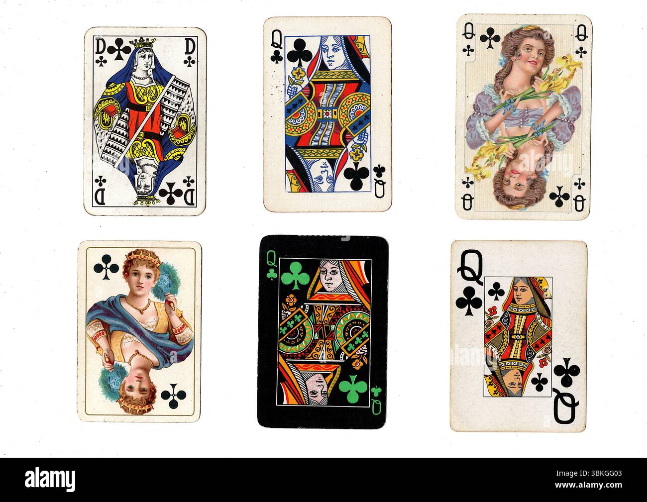 Eine Vintage-Spielkarte in verschiedenen Designs, isoliert auf weißem Hintergrund. Stockfoto