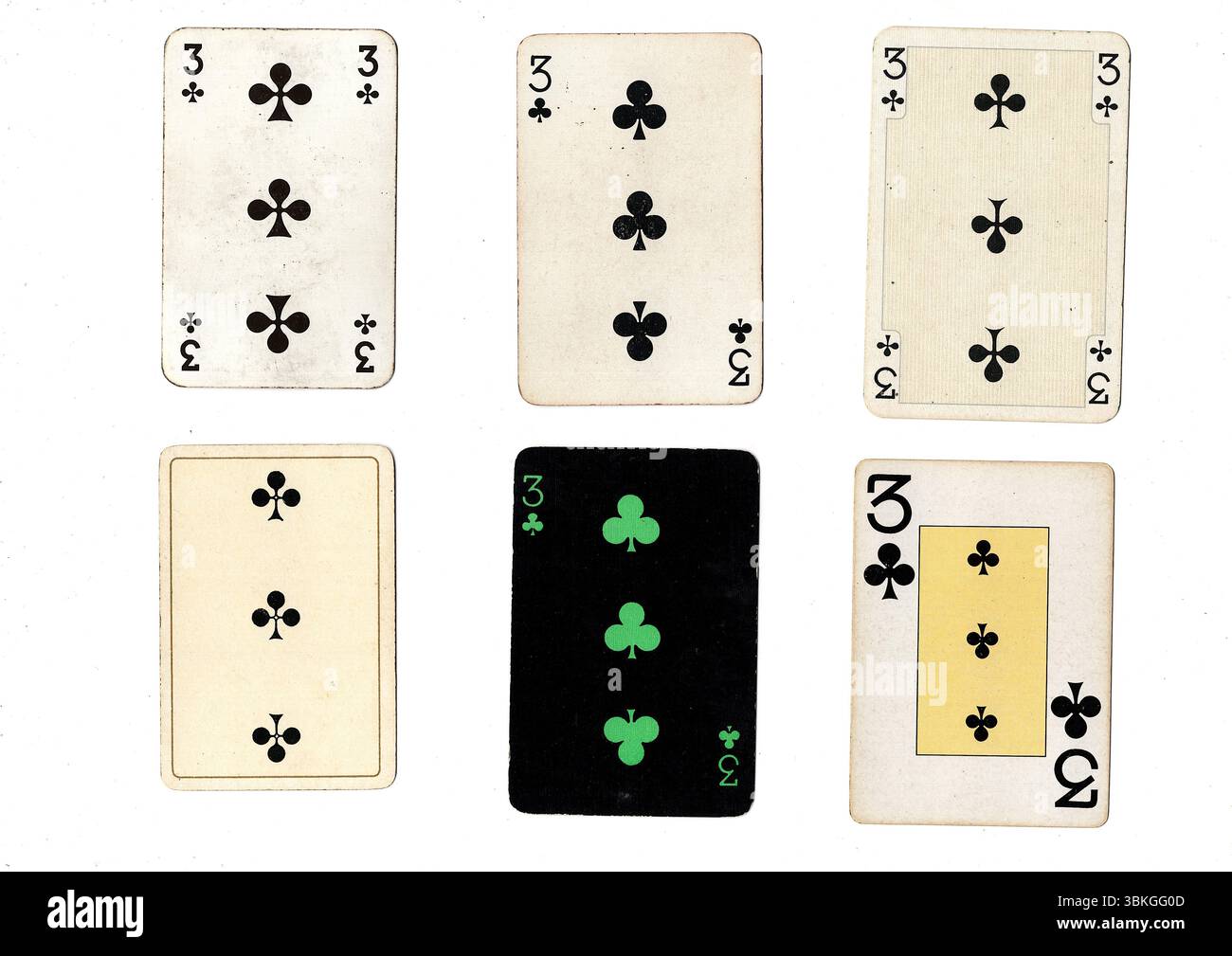 Eine Vintage-Spielkarte in verschiedenen Designs, isoliert auf weißem Hintergrund. Stockfoto