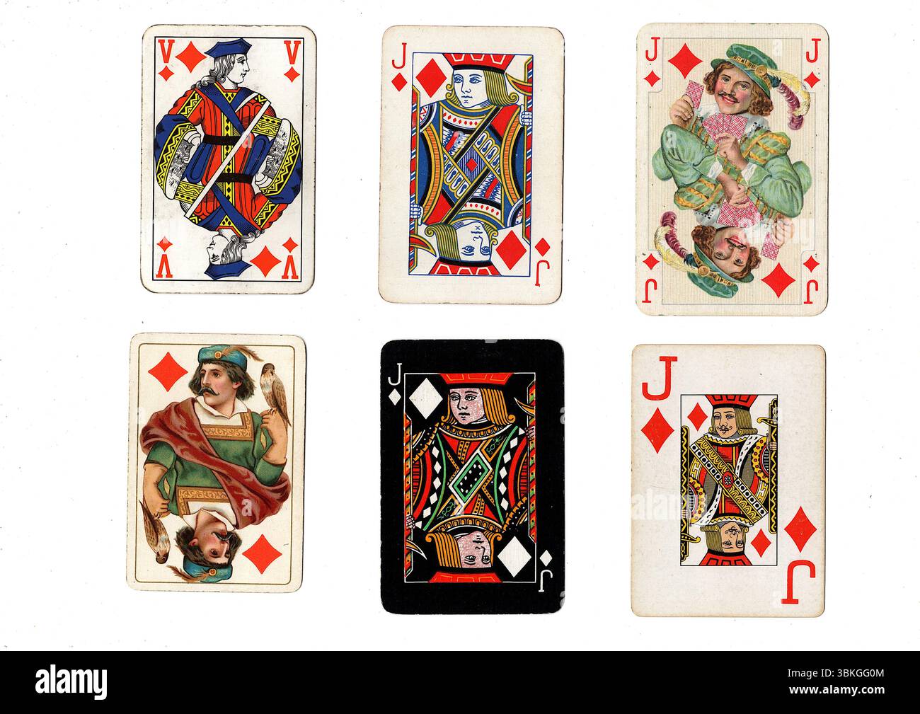 Eine Vintage-Spielkarte in verschiedenen Designs, isoliert auf weißem Hintergrund. Stockfoto