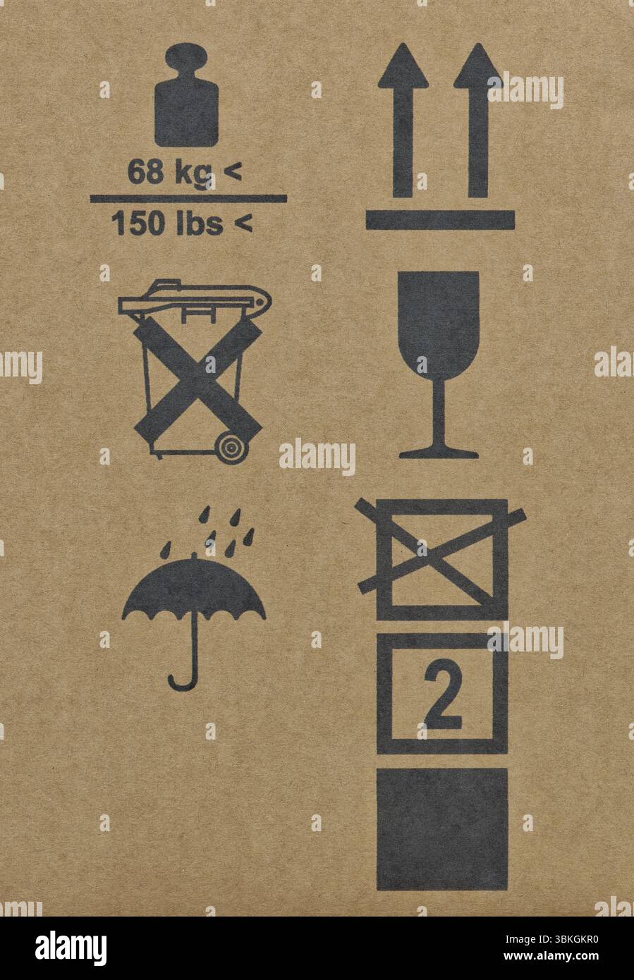 Warnschilder Verpackungssymbole Silhouette Formen Schirmglaspfeile, auf diese Weise zerbrechlich halten trockene Größe Gewicht einschränken Transportlogistik. Stockfoto
