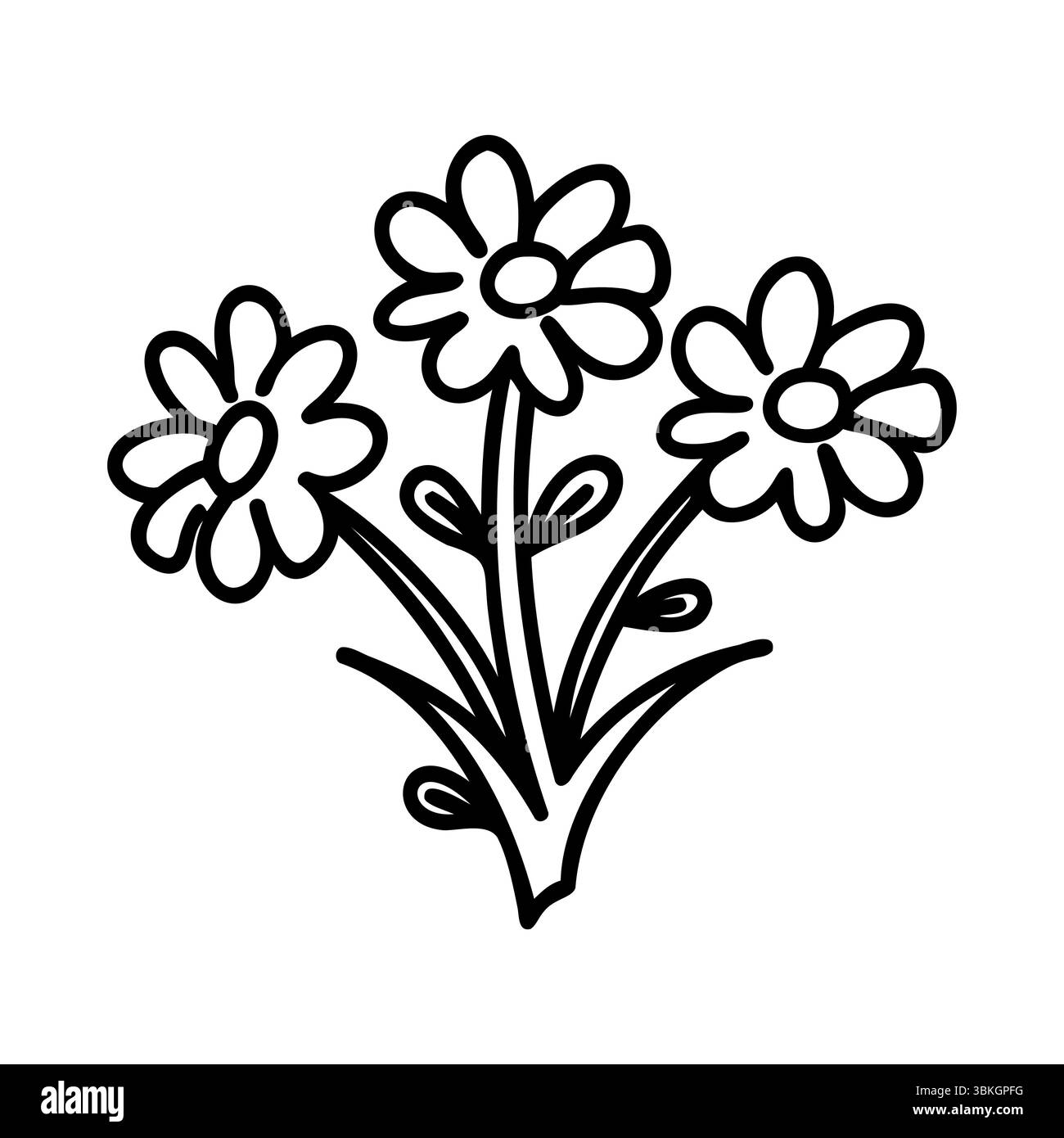 Eine einfache Linienzeichnung von drei Blüten mit Stielen und Blättern. Die Blumen haben jeweils fünf Blütenblätter und sind in einem Blumenstrauß angeordnet. Stock Vektor