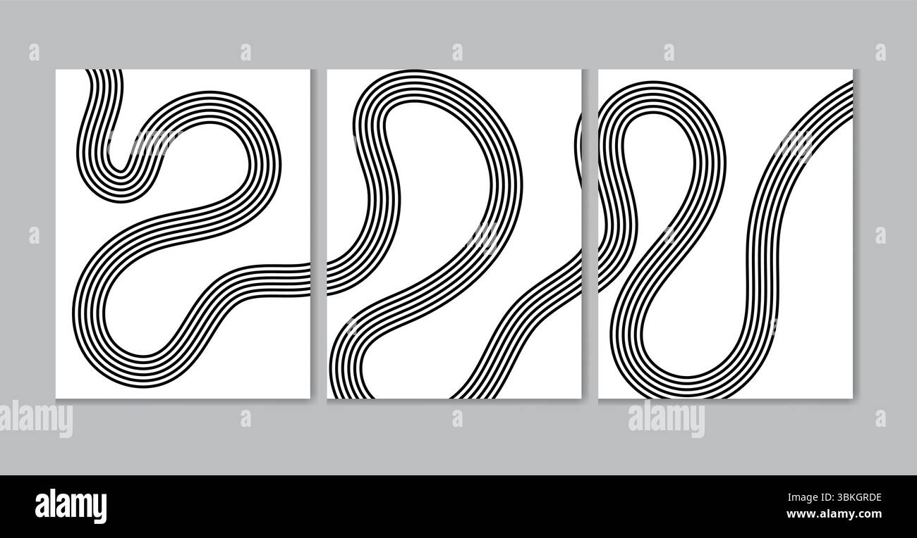 Minimalistische abstrakte Schwarzweiß-Poster mit gerundeten Retro-Linien. Perfekt für moderne Einrichtung, Designprojekte und Liebhaber optischer Kunst. Stock Vektor