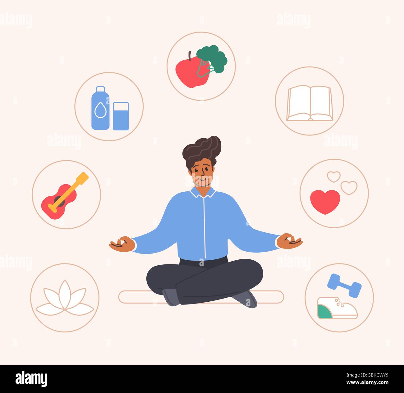 Gesunde Gewohnheiten für Wohlbefinden und psychische Versorgung. Winziger Mann, der in Lotus-Yoga-Pose unter persönlicher Lebensstil-Kombination aus Übung und Musik, Lesen und Essen sitzt, Liebe Cartoon Vektor-Illustration Stock Vektor