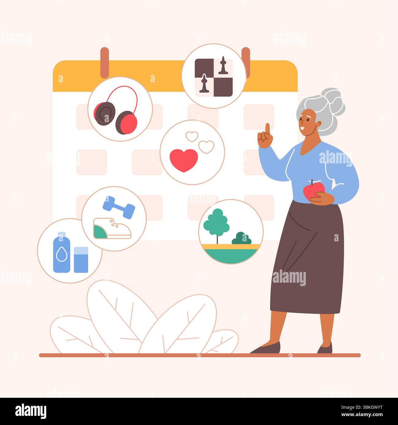 Gesunde Gewohnheiten für Wohlbefinden, Wellness, geistige und körperliche Gesundheit älterer Menschen. Kleine alte Dame, die tägliche persönliche Aktivität mit Kalender, körperliche Bewegung und Essen, Musik Cartoon Vektor Illustration plant Stock Vektor