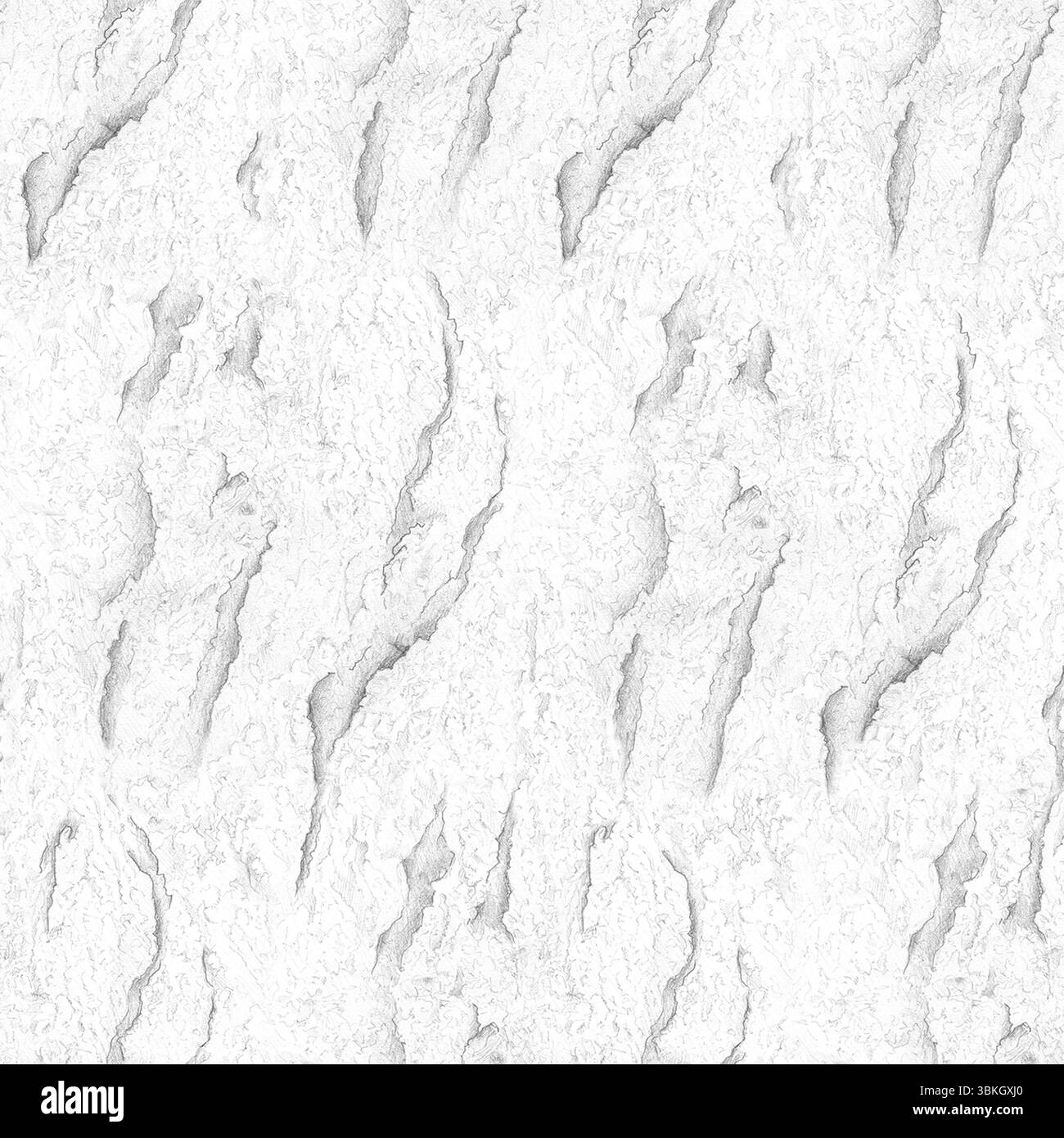 Nahtloses Muster mit Baumrinde, handgezeichnet mit Bleistift. Nahtloser Hintergrund aus Eichenrinde. Das Relief und die Textur der Rinde mit tiefen Rissen und Rillen Stockfoto