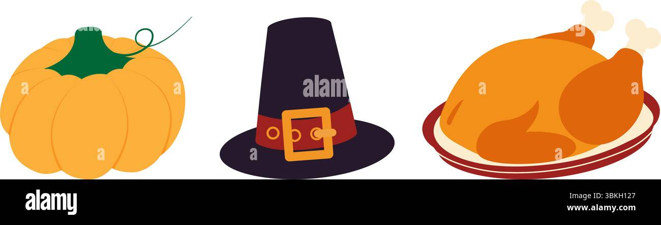 Herbstkürbis, Pilgermütze und gebratener Truthahn auf Teller Thanksgiving-Symbole Set mit flachen Designelementen. Isolierte Vektor-Illustration Herbstgruß Themenkarten, Party-Einladung oder Faltblätter, Banner, Etiketten Stock Vektor