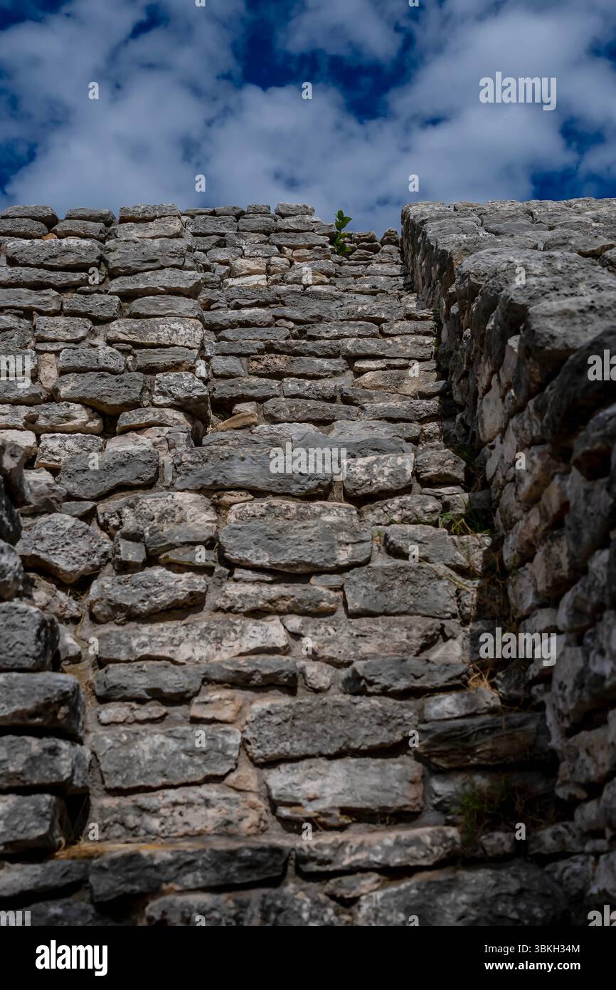 Die Maya-Ruinen von Xcambo in Telchec, Yucatan, Mexiko, bieten einen faszinierenden Einblick in die antike Geschichte – Skulpturen, Pyramiden und eine reiche kulturelle Wandteppiche Stockfoto