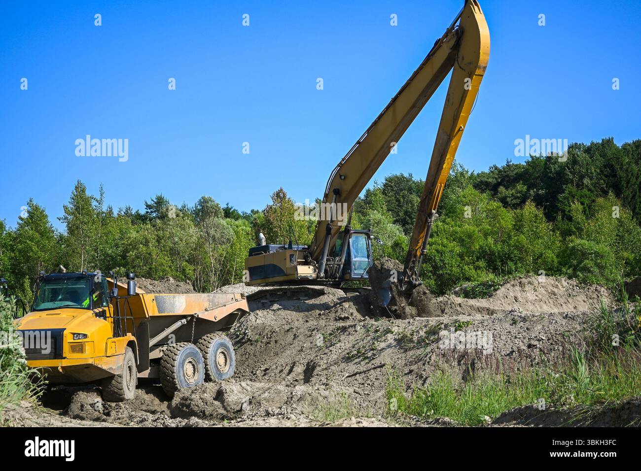 Der Bagger lädt an einem sonnigen Tag einen Muldenkipper mit Boden auf einer Baustelle. Stockfoto