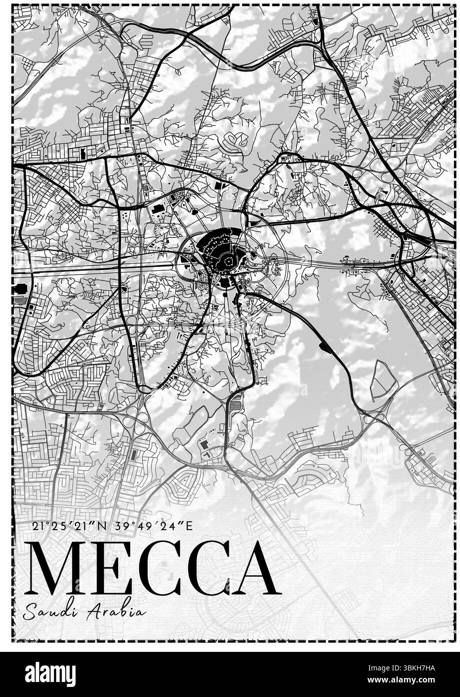 Stadtplan von Mecca – Schwarzes und weißes Schwarzweiß-Poster mit Straßenlayout Stock Vektor
