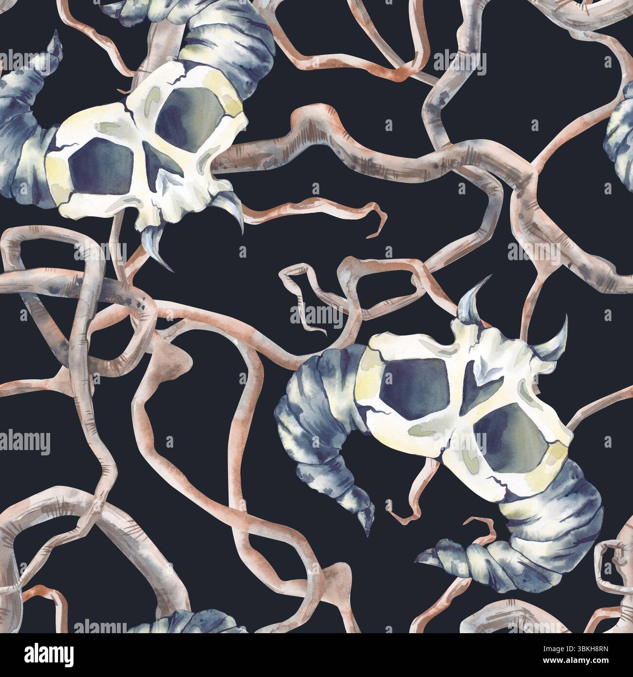 Ein Muster mit dem Schädel einer fantastischen Kreatur und verflochtenen Zweigen auf dunklem Hintergrund. Nahtloses Aquarellmuster. Mystizismus. Der Horror Stockfoto