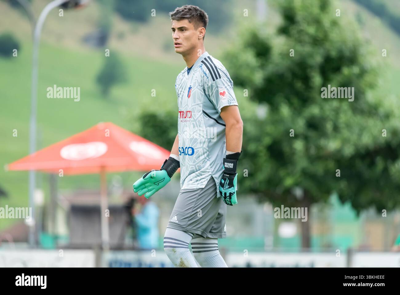 Bramberg am Wildkogel, Österreich – 3. Juli 2023. Botosani Torhüter Razvan Ducan während des internationalen Freundschaftsspiels Botosani gegen Ferencvaros 0:3. Stockfoto