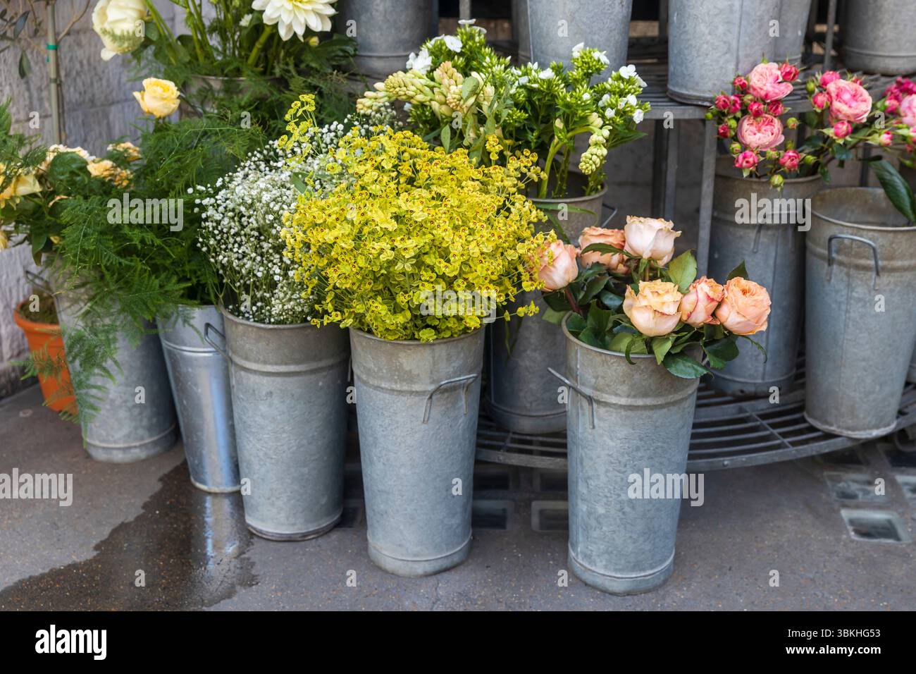 Ein weitläufiges und farbenfrohes Blumengeschäft im Freien bietet eine große Auswahl an blühenden Blumen und Pflanzen in verzinkten Metalleimern und Töpfen. Stockfoto