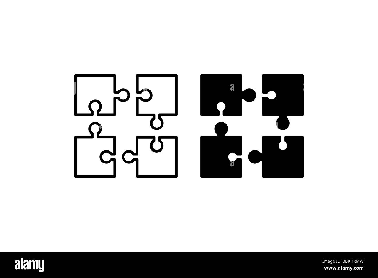 Puzzle-Symbolsatz. Ein schwarzes Symbol eines Puzzleteils, das die Problemlösung darstellt. Stock Vektor