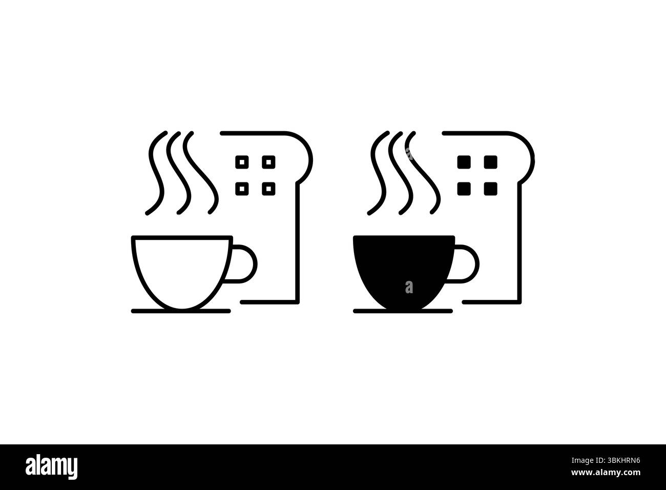 Frühstückssymbole. Ein schwarzes Symbol für Frühstücksartikel, das das Morgenmahl darstellt. Stock Vektor