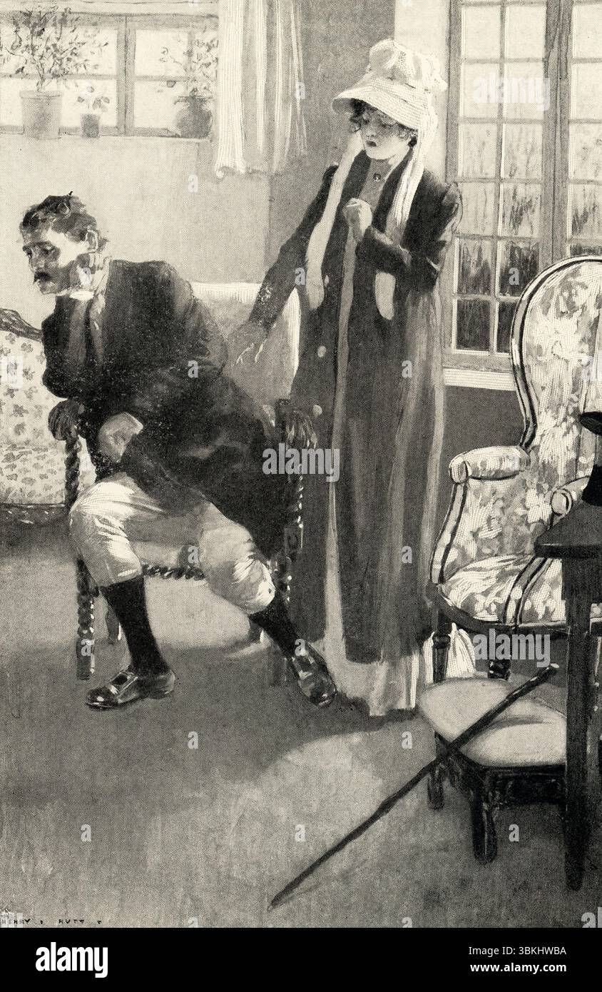 Die Bildunterschrift aus dem Jahr 1901 lautet: „Leave me – Don't Folter me any more“ – George Eliot Maggie Tulliver Stephen. Das Zitat stammt aus dem Roman The Mill on the Floss aus dem Jahr 1860 des englischen Autors George Eliot (Pseudonym von Mary Ann Evans). Stephen Guest spricht mit Maggie. Der Roman erzählt die Geschichte von Tom und Maggie Tulliver, einem Bruder und einer Schwester, die am Fluss Floss aufwachsen. Maggies Leben ist geprägt von Liebe und Verlust, während sie durch romantische Beziehungen mit Philip Wakem und Stephen Guest und ihre komplexe Beziehung zu ihrem Bruder Tom navigiert. Stockfoto
