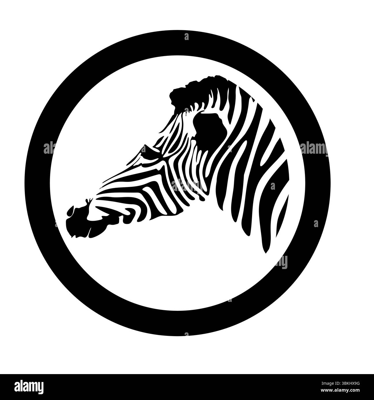 Zebrakopf-Silhouette in kreisförmiger Abbildung. Eine Illustration, die mit stilisierten Streifen erstellt wurde, um die charakteristischen Merkmale des Tieres zu bilden. Stock Vektor