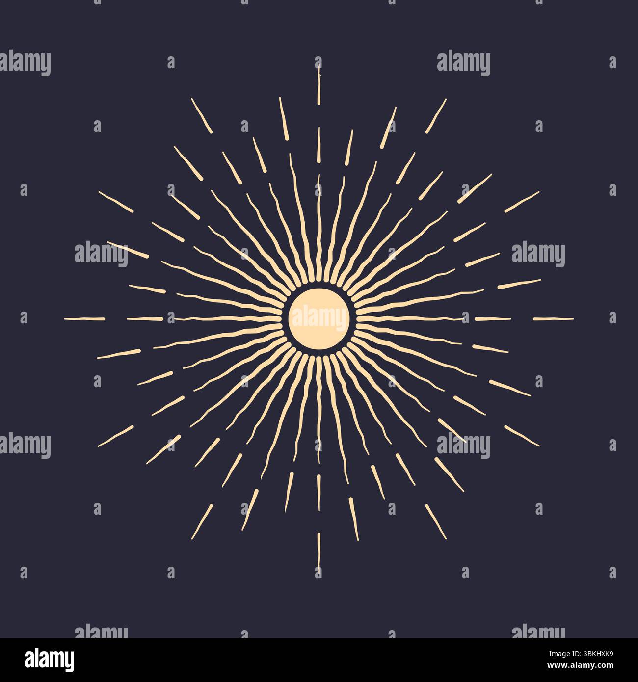 Eine Ikone mit Sonnenstrahlen auf dunklem Hintergrund. Ein Sonnenstrahl mit Linien. Retro-Logo in Form eines Kreises mit Radialstrahlen. Stock Vektor