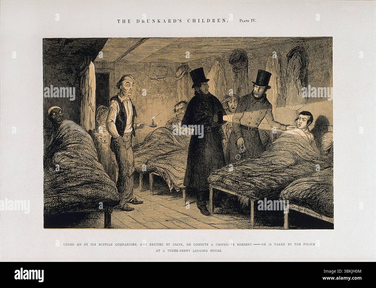 Ein Stich aus der viktorianischen Ära der Polizei überfiel nachts ein Wohnhaus und verhaftete einen verurteilten Dieb 1848 aus der Serie Trunkards Children von George Cruikshank, der Horror der Armut und des Alkoholmissbrauchs historische antike Drucke des 19. Jahrhunderts Sozialkommentar Stockfoto