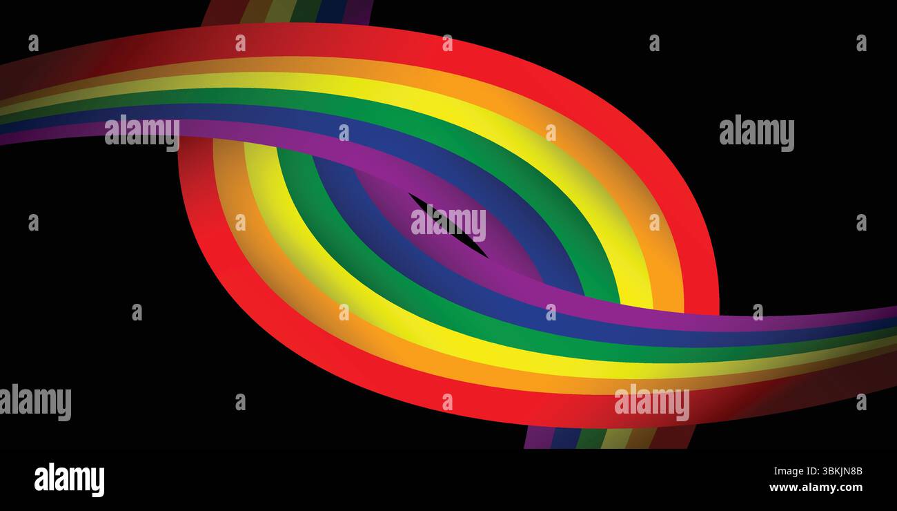 Dynamische Welle der LGBTQ-Stolz-Flagge auf dunklem Hintergrund, Feier Stock Vektor