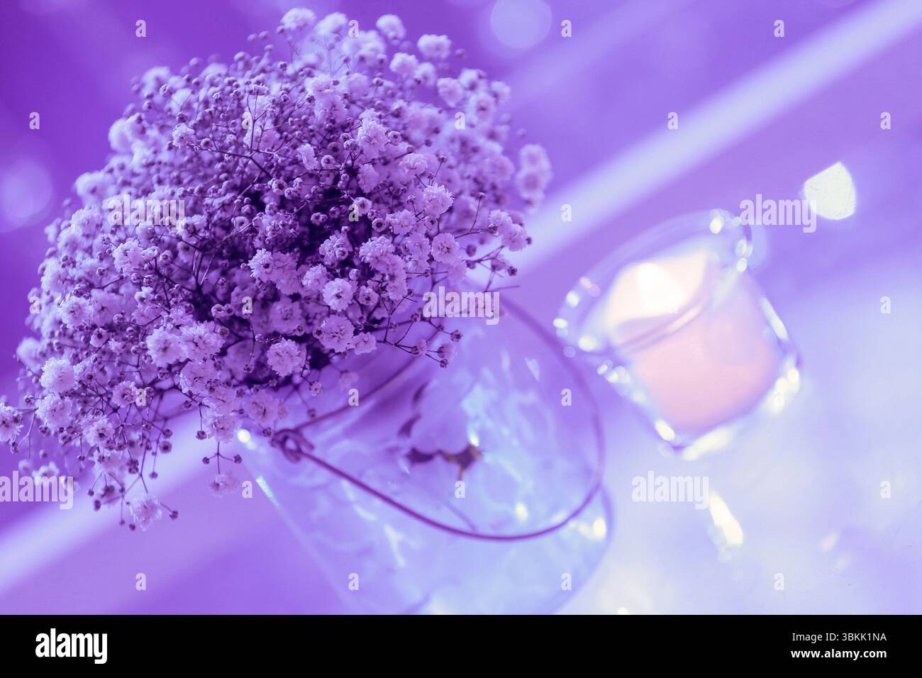 Blumenarrangements im Mittelpunkt eines Veranstaltungsempfangs. Stockfoto