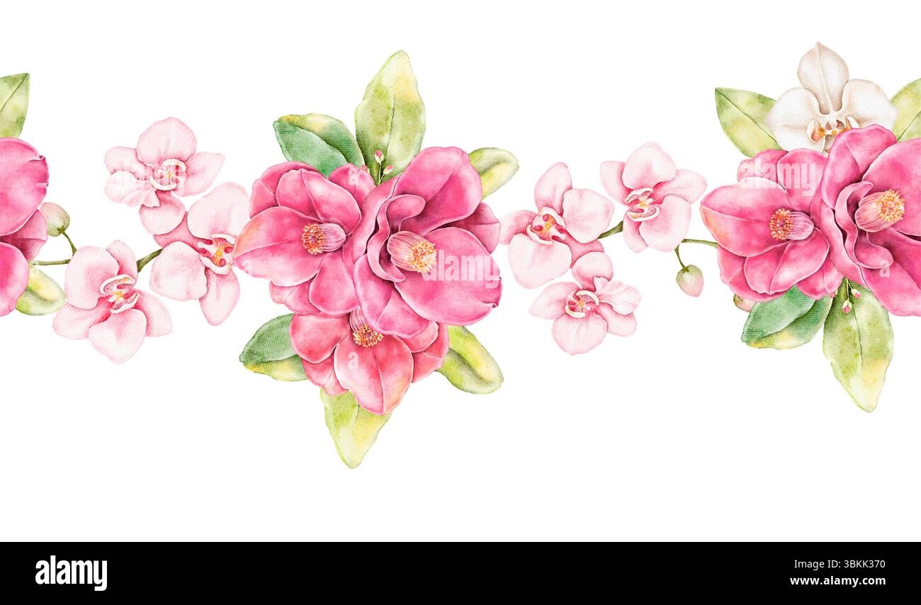 Nahtloser, wiederholbarer Rand in Aquarellfarben mit hellrosa Kamelien und kleinen Orchideen. Handgemaltes botanisches Clipart für romantische Karten, Verpackungen, Surfen Stockfoto