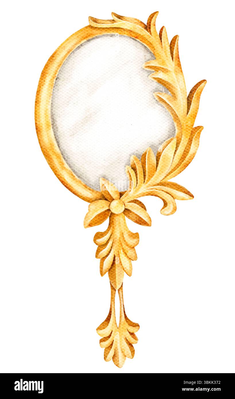 Goldener Vintage-Handspiegel mit kunstvollem Rahmen im Barockstil. Aquarellillustration isoliert auf weiß, ideal für Schönheit, Prinzessin oder Märchen Stockfoto