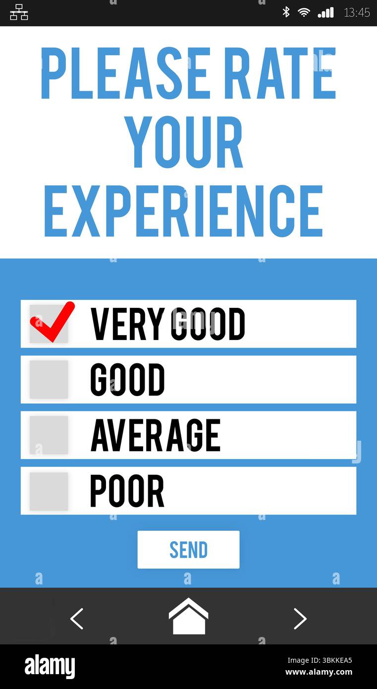 Auf dem flachen Smartphone-Übersichtsbildschirm werden Kontrollkästchen, Schaltfläche „Senden“ und transparenter Hintergrund angezeigt Stockfoto