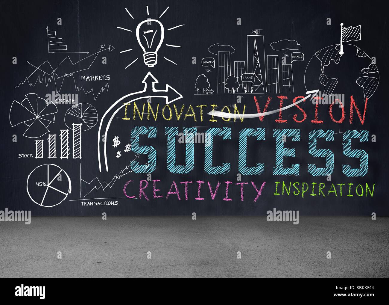 Tafel mit Motivationstext, Diagrammen, Glühbirnensymbol und Skyline der Stadt in flachem Design Stockfoto