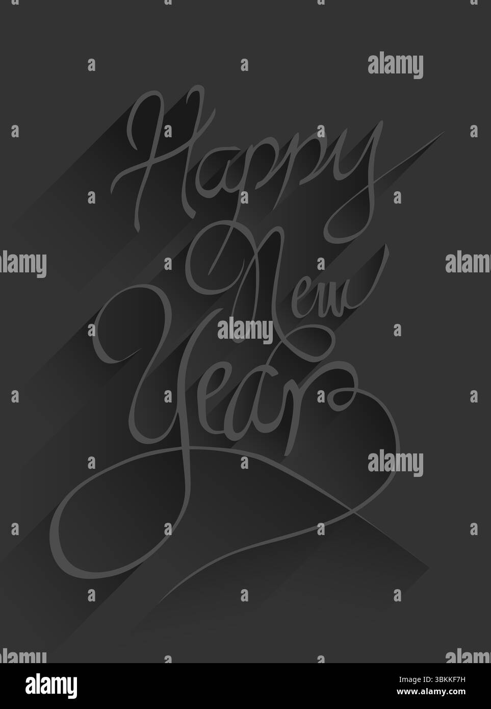 Stilisierter Happy New Year-Schriftzug auf flacher dunkelgrauer Leinwand mit diagonalen Schatten Stockfoto