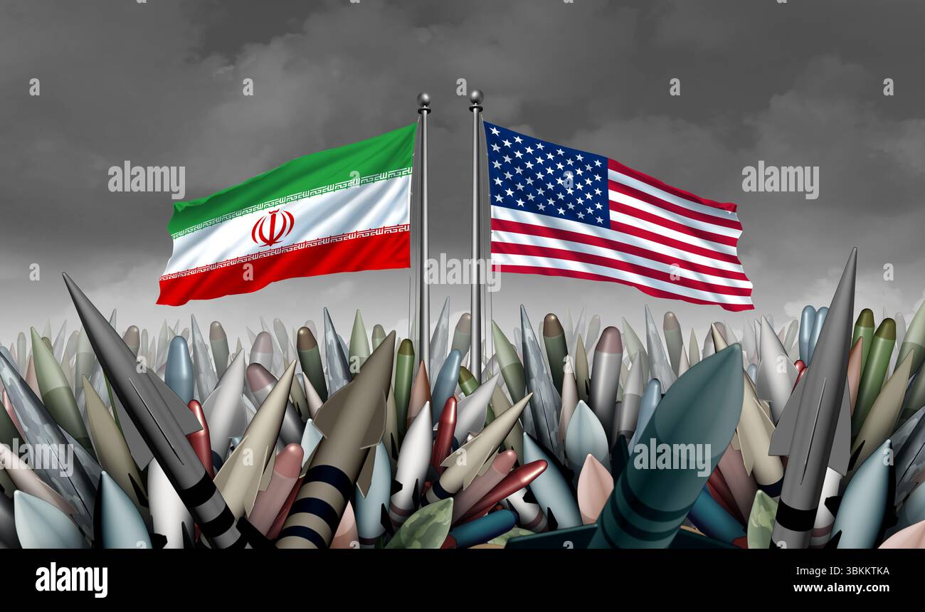 Iranischer amerikanischer Krieg militärische Krise und bewaffnete Konfrontation oder US-Iran-Stellvertreter-Krieg Konflikt mit zwei gegnerischen Regierungen in einem Streit als persischer gül Stockfoto