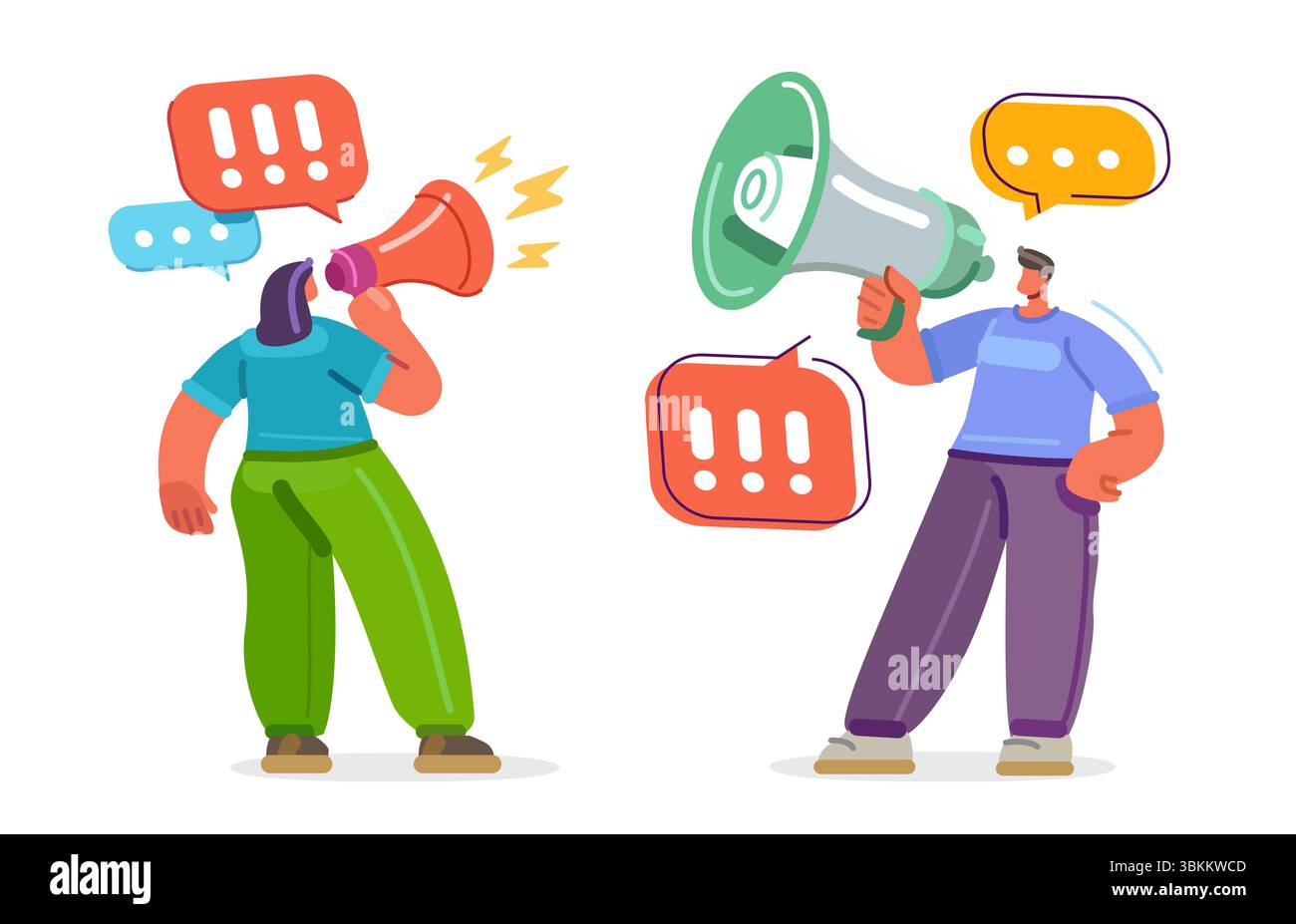 Mann, der Nachrichten über Megaphon Social Media Marketing ankündigt. Frau mit Lautsprecher. Werbung Stock Vektor