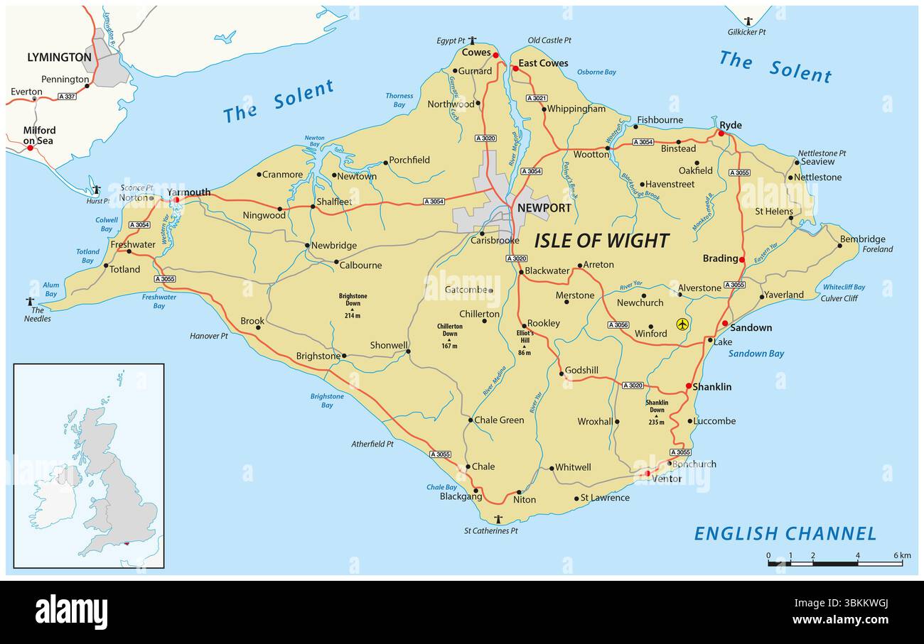 Straßenkarte von Isle of Wight, Großbritannien Stockfoto