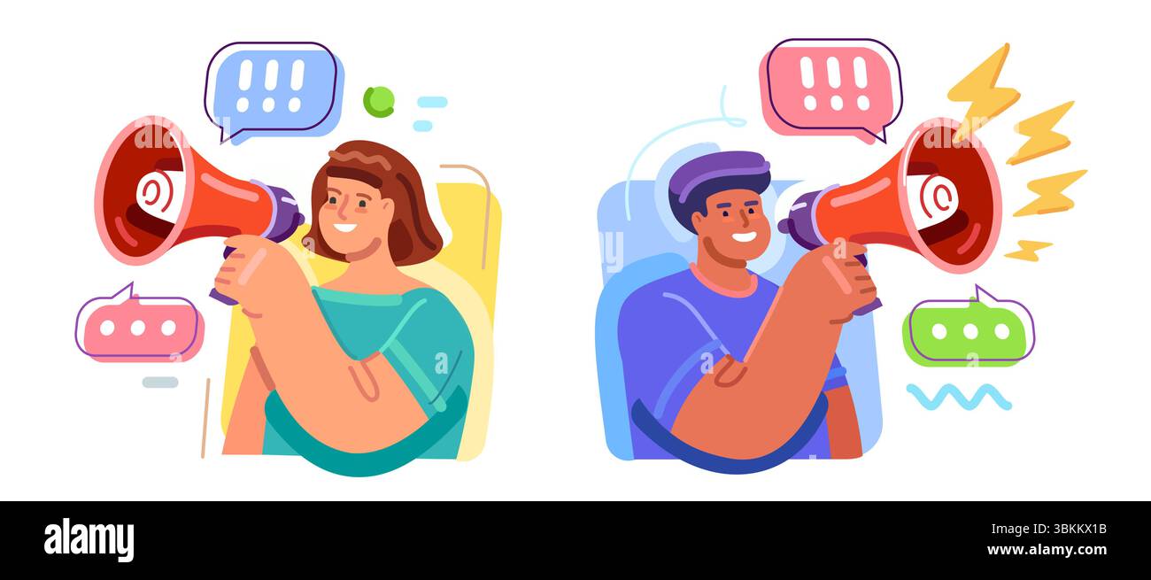 Promotion, Werbekonzept. Mann, der Nachrichten über Megaphon Social Media Marketing ankündigt. Frau mit Lautsprecher Stock Vektor