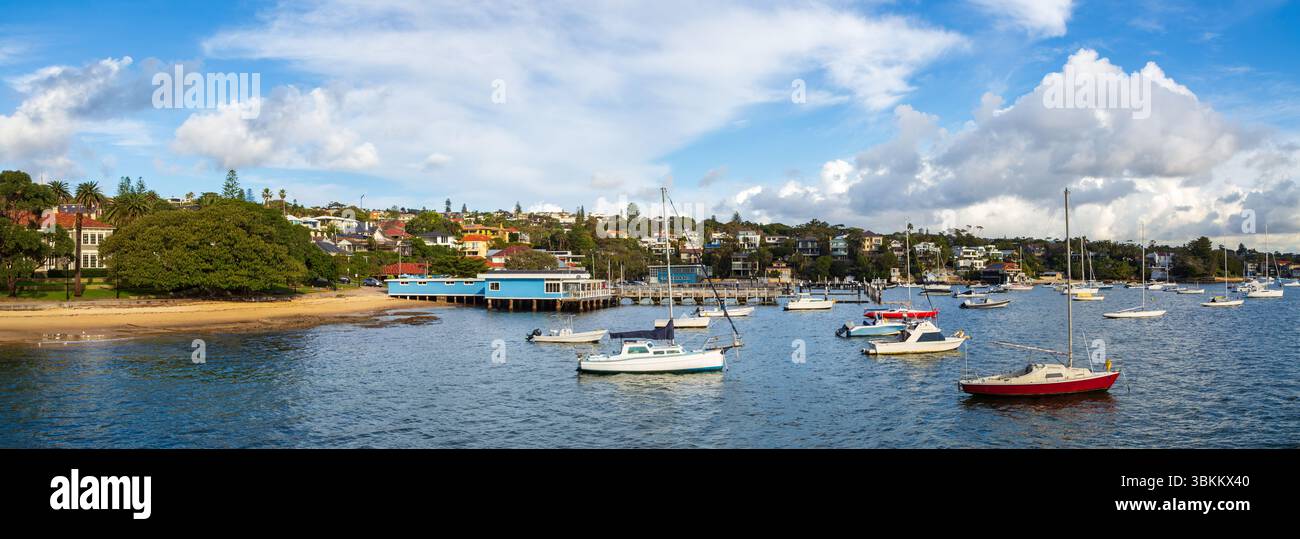 Panoramablick auf Yachten in Watsons Bay, Sydney, Australien, mit dem Vorort Vaucluse im Hintergrund Stockfoto