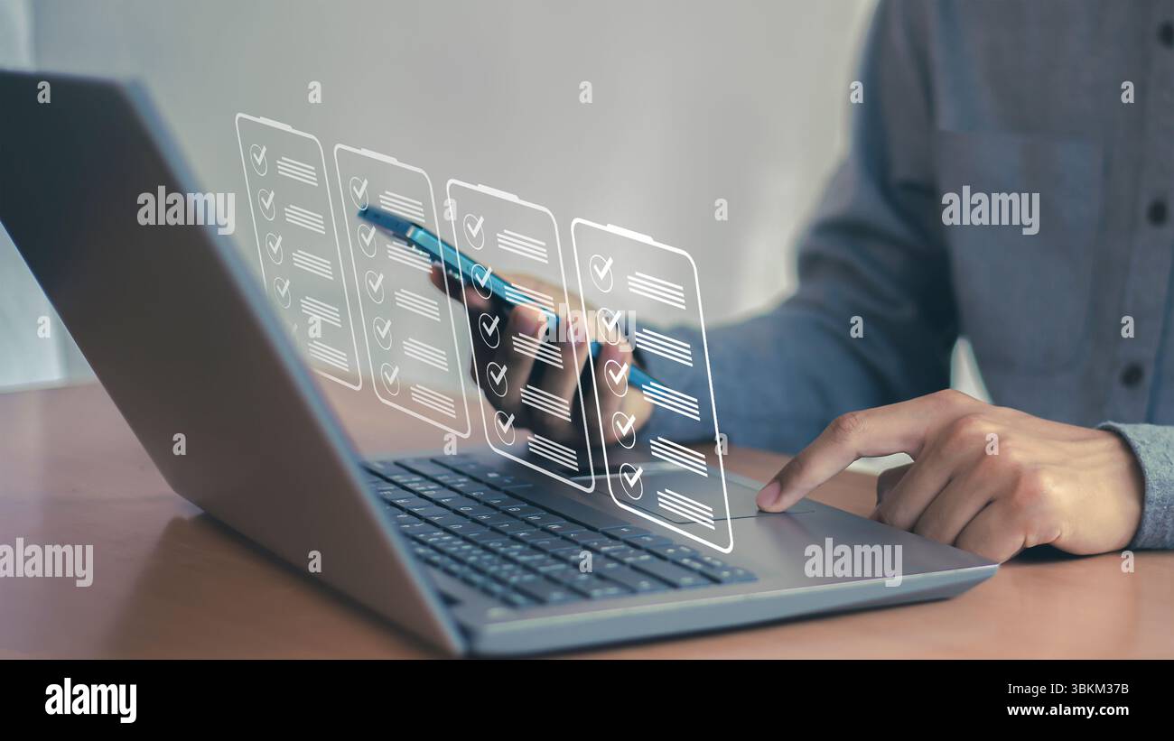 Konzepte und Checklisten für die Verwaltung von Geschäftsdokumenten Datencheckliste, Geschäftsentwicklung Stockfoto